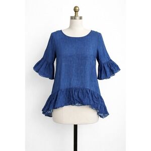 Karen Kane Peplum Top Women XS Blue Denim Ruffle Bell Sleeve 2L41566 Casual